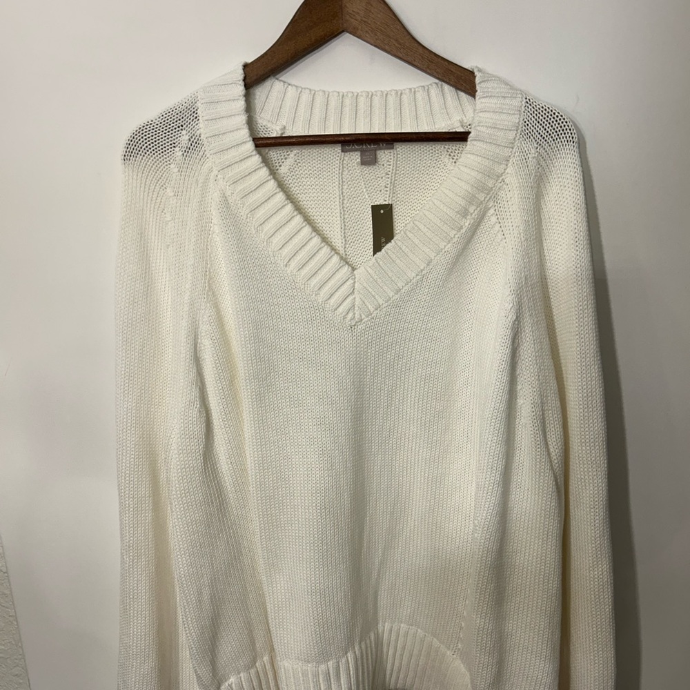 J. Crew Ivory Cream‎ Cotton V-Neck Knot Sweater 2X Ribbed Hem Oversized Cozy